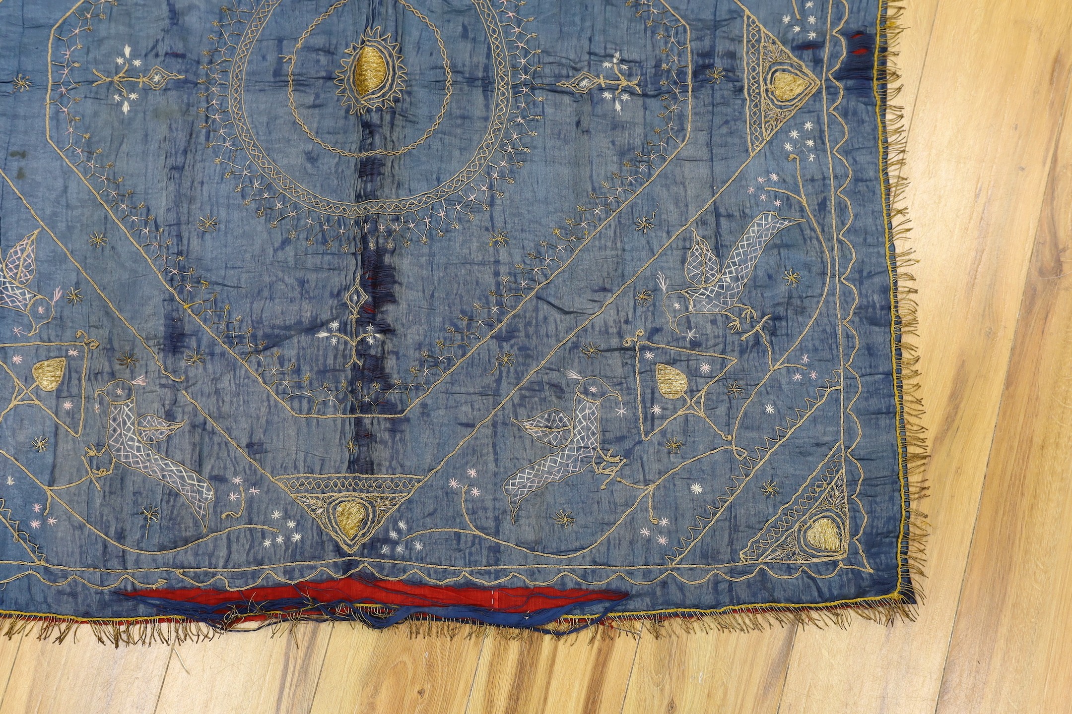 A late 19th century Indian silk and metal thread embroidered panel, approx. 118cms x118 cms